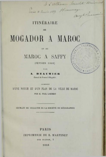 Itinéraire de Mogador à Maroc et de Maroc à Saffy (février 1868)